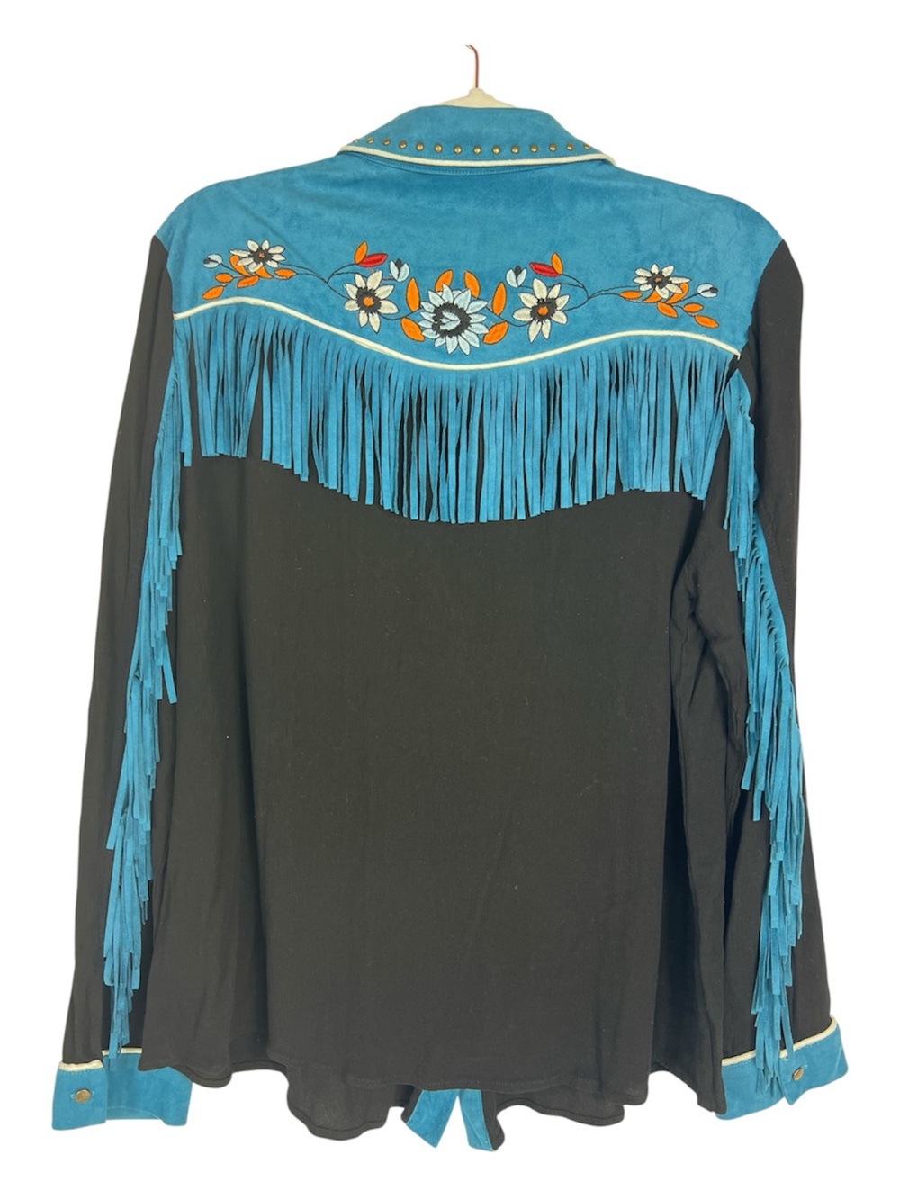 John Moon Sz XL Button Shirt Fringe Embroidered Black & Teal Cowgirl Western - Picture 3 of 12